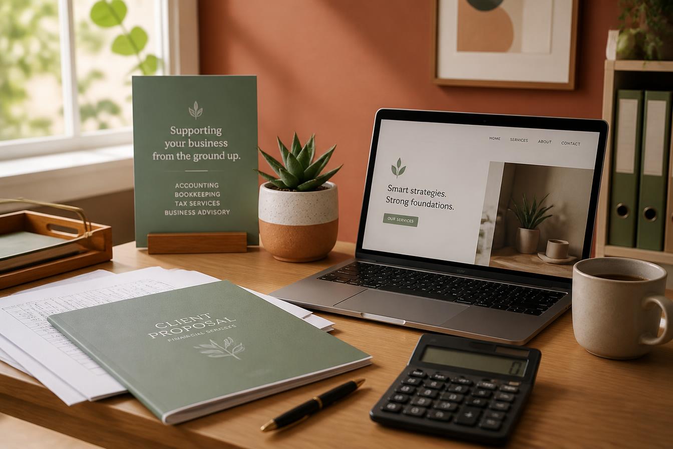 Professional workspace with documents, laptop, calculator, and business materials